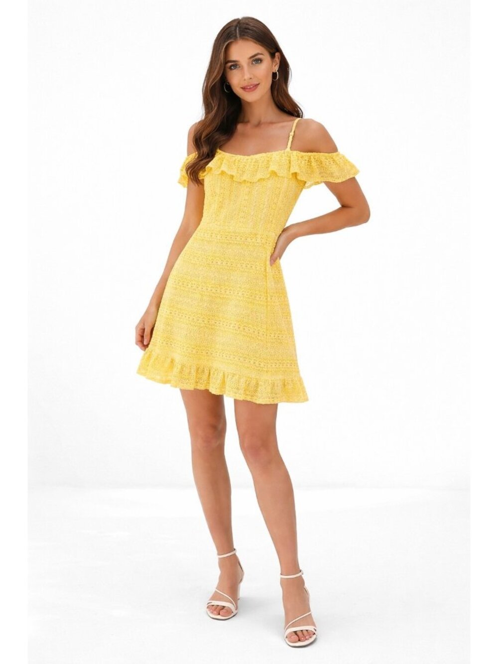 Yellow Eyelet Lace Off Shoulder Dress Ruffle Hem Sundress Boho Cottagecore Sz M